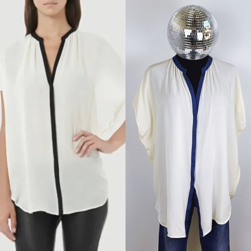 Vince Cream Silk V Neck Tunic XL, Navy Trimmed Cap Sleeve Blouse Top oversized